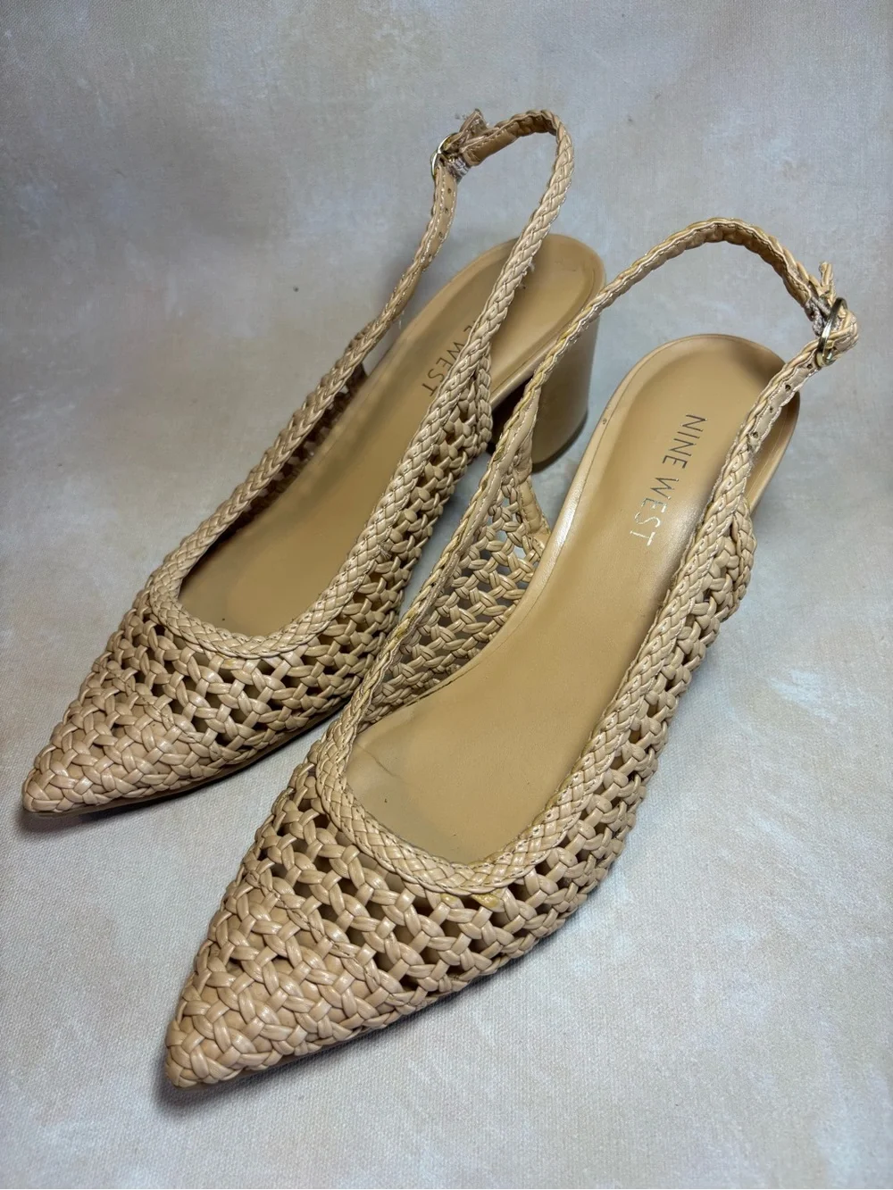 Nine West Women's Tan Nude Bamboo Woven Slingback Pumps, size 9.5